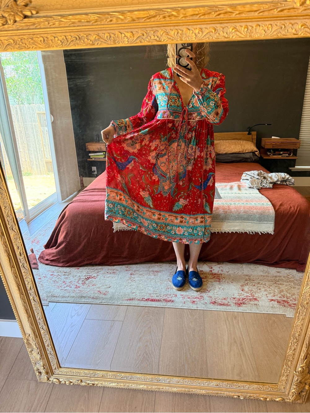 Red Floral Midi Dress with Turquoise Trim